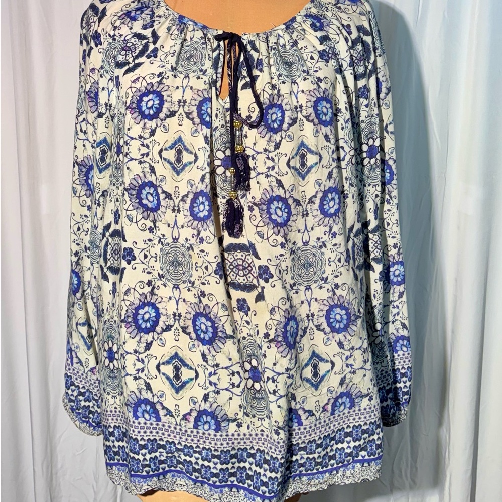 Karen Kane Blue and Cream Floral Blouse